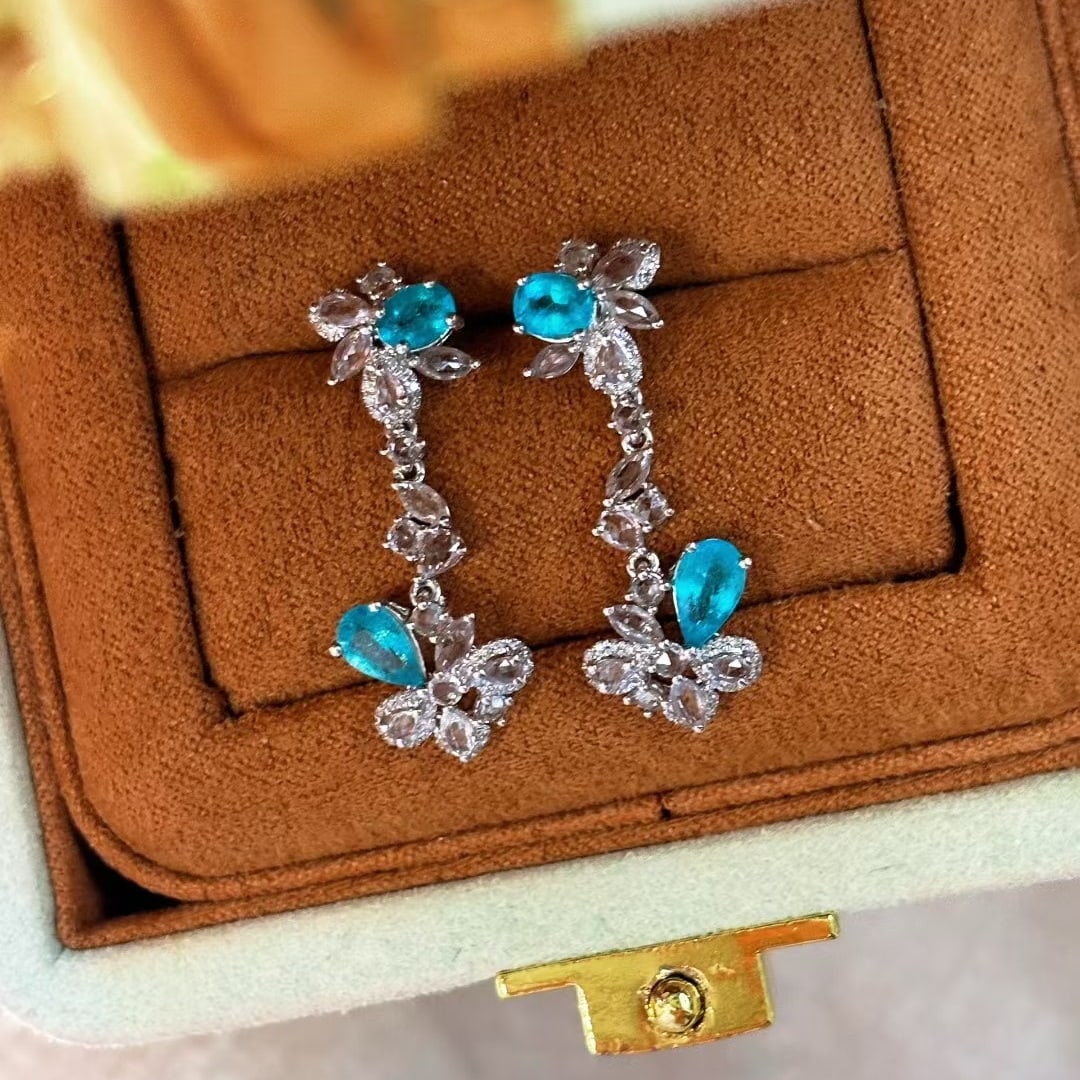 14k Gold 1.15 Ct Natural Paraiba Tourmaline & Diamond & Sapphire Earrings: Ref:231040428 // gold content:14k gold // main gemstone:paraiba tourmaline // shape:multiply // carat weight:1. 15ct // color:blue // treatment:natural // // adjacent gemstone 2 : diamond //