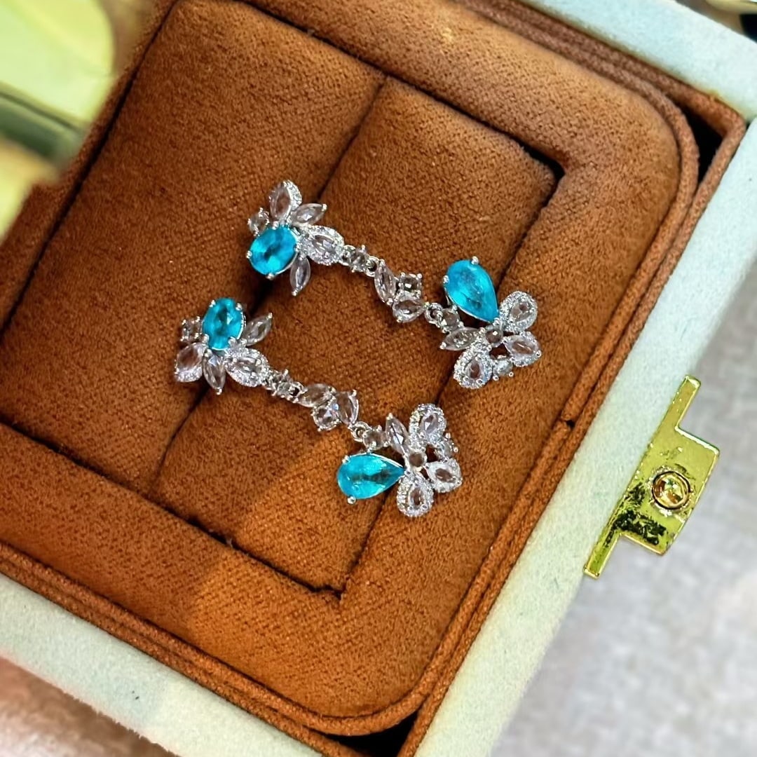 14k Gold 1.15 Ct Natural Paraiba Tourmaline & Diamond & Sapphire Earrings - 2