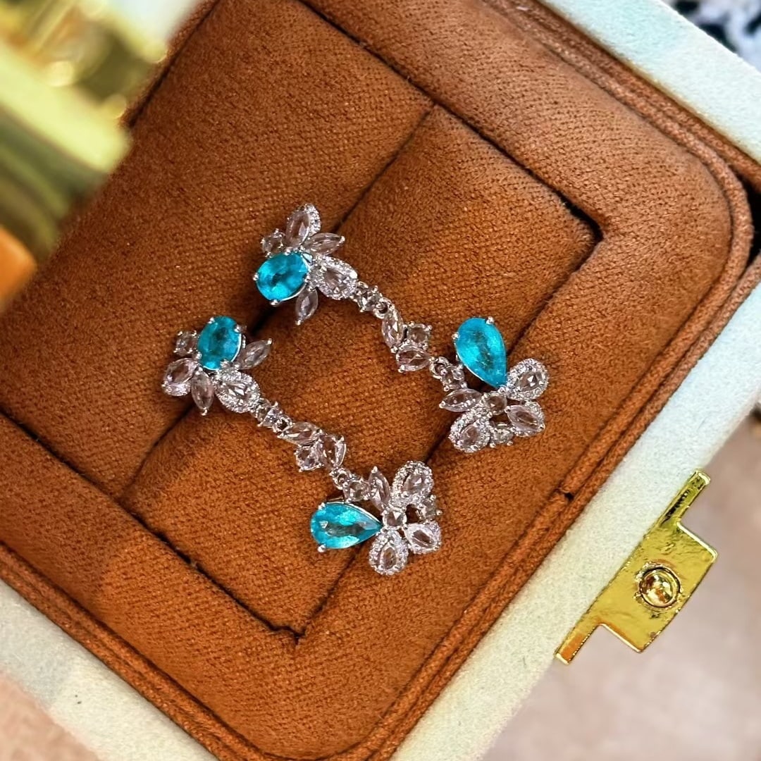 14k Gold 1.15 Ct Natural Paraiba Tourmaline & Diamond & Sapphire Earrings - 3