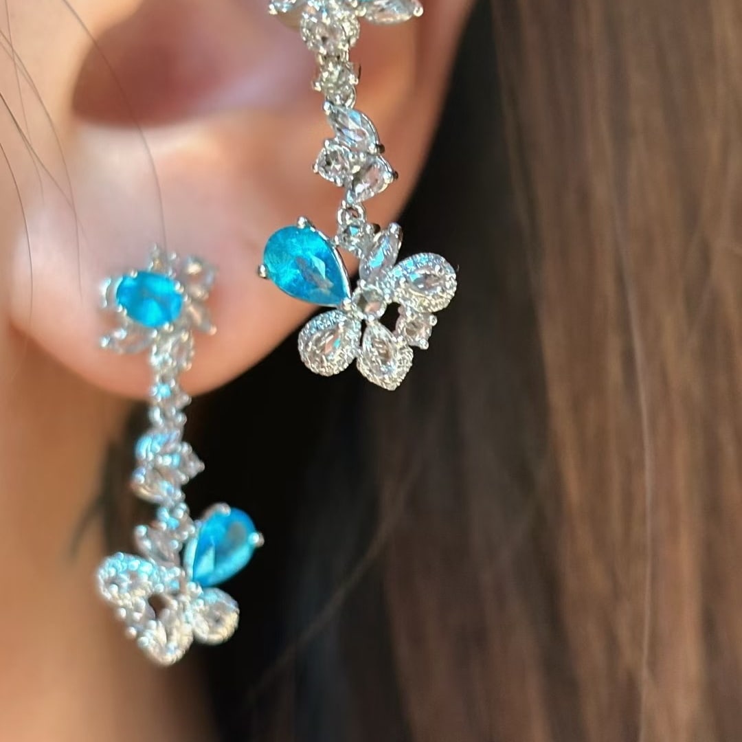 14k Gold 1.15 Ct Natural Paraiba Tourmaline & Diamond & Sapphire Earrings - 4