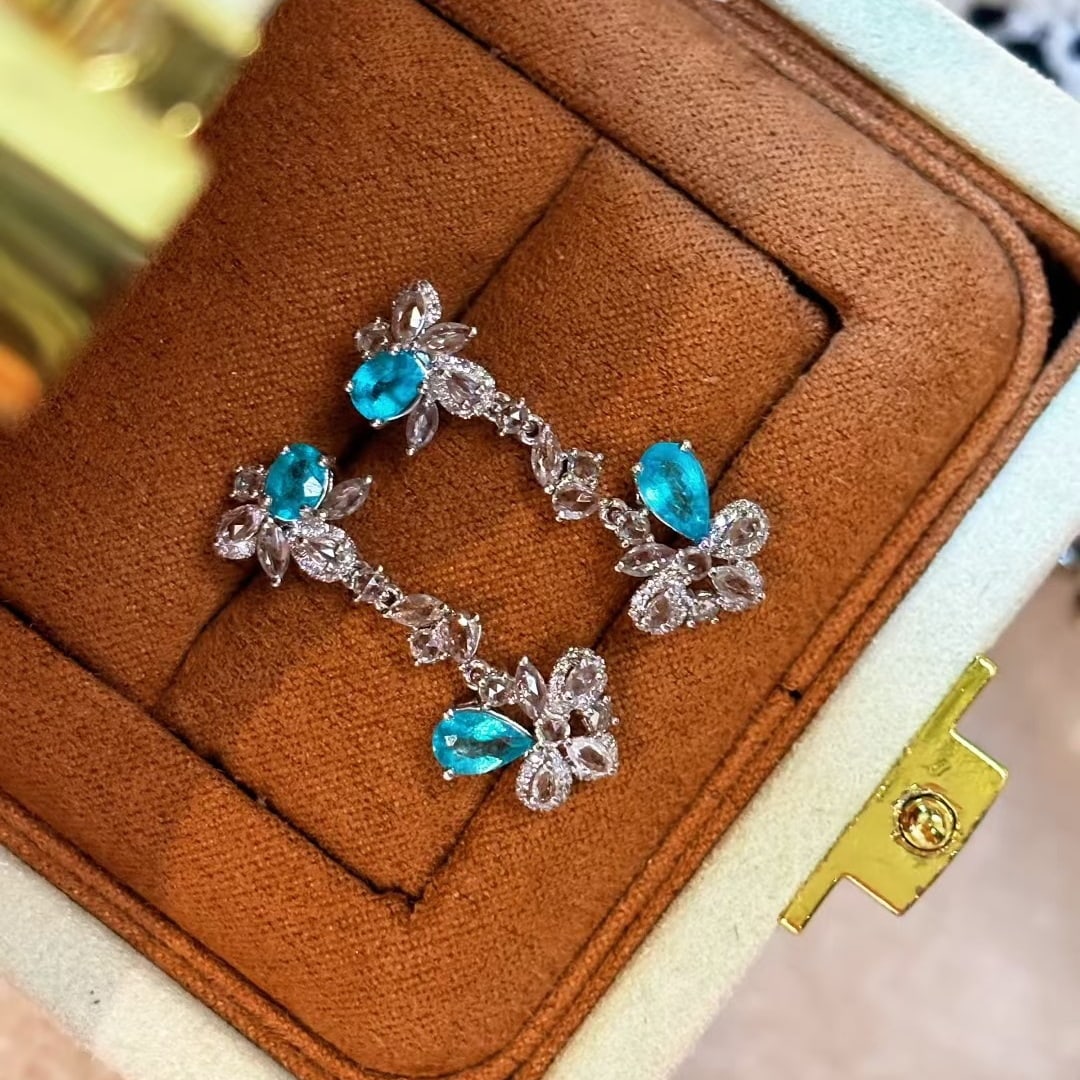 14k Gold 1.15 Ct Natural Paraiba Tourmaline & Diamond & Sapphire Earrings - 5