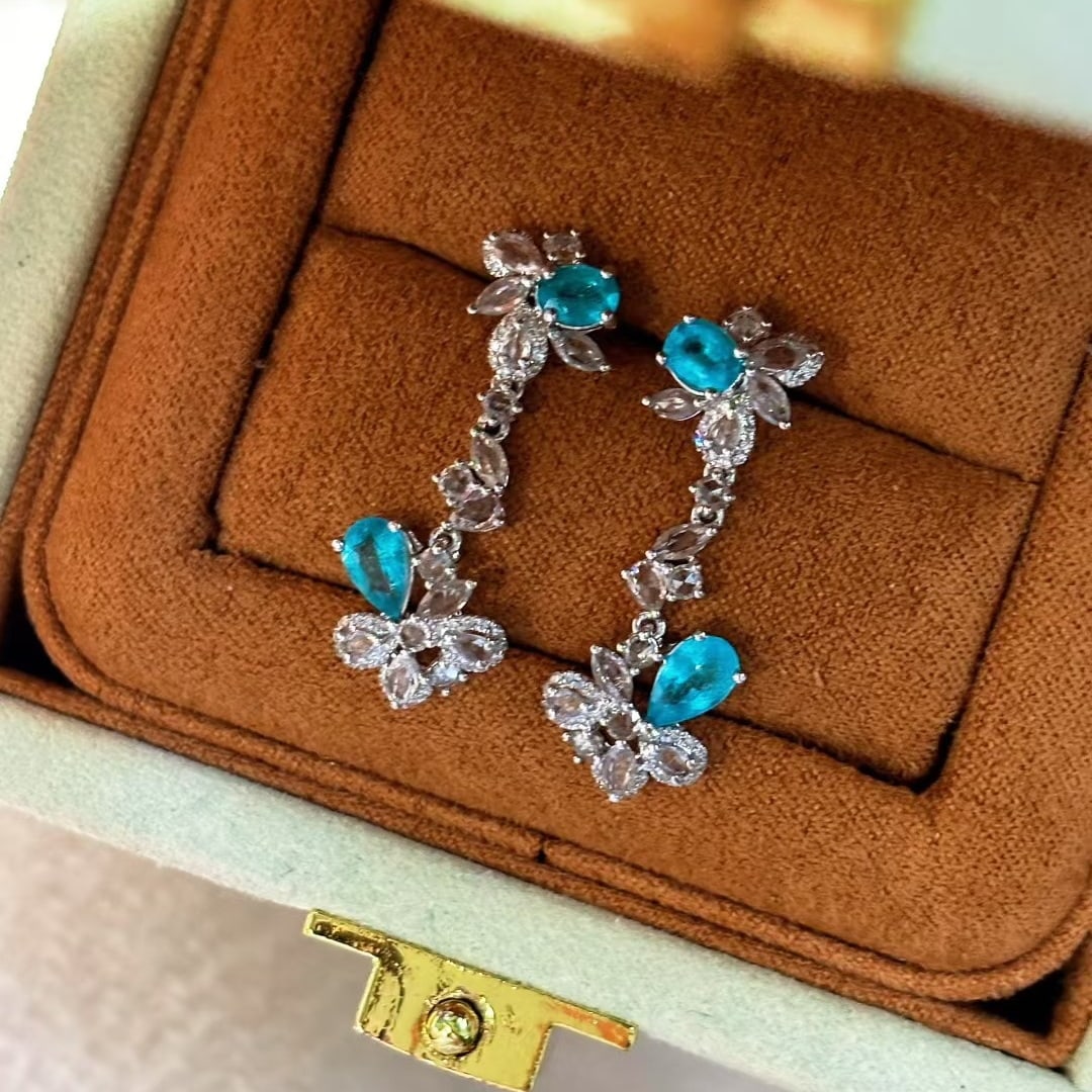 14k Gold 1.15 Ct Natural Paraiba Tourmaline & Diamond & Sapphire Earrings - 6