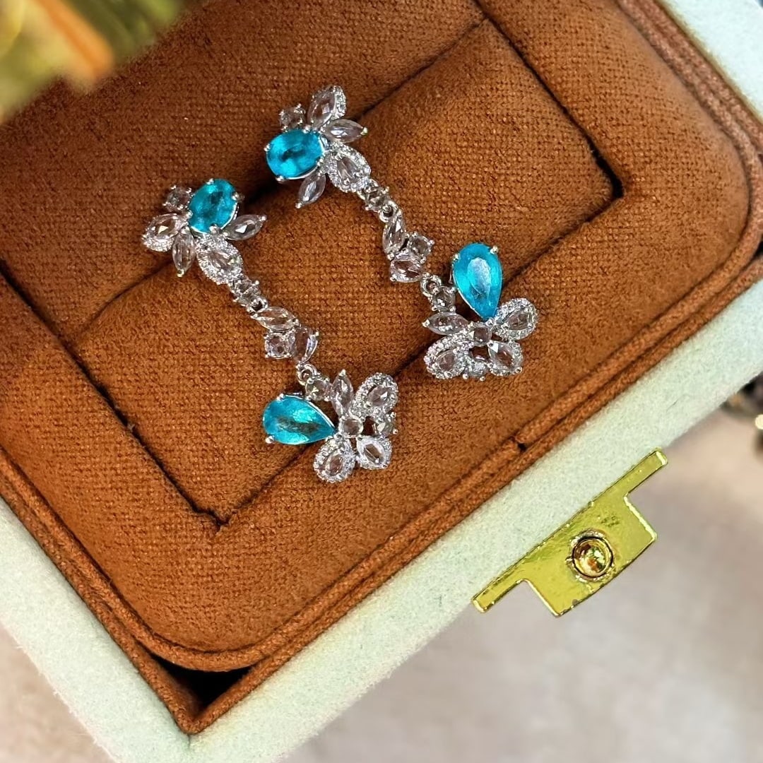 14k Gold 1.15 Ct Natural Paraiba Tourmaline & Diamond & Sapphire Earrings - 7