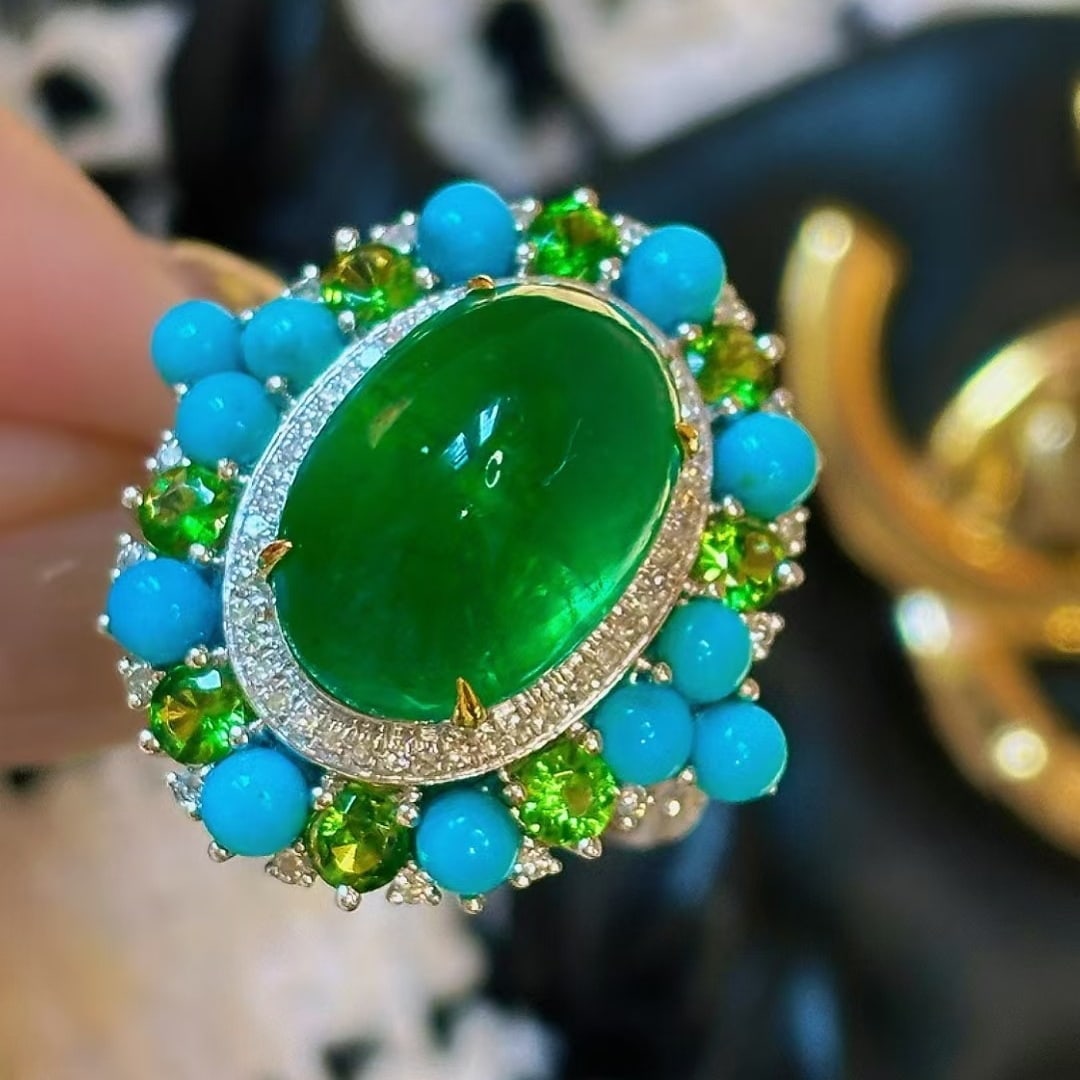 14k Gold 7.5 Ct Vivid Green Natural Emerald & Diamond & Tsavorite & Turquoise Ring: Ref:231040431 // gold content:14k gold // ring size:7. 25us // // main gemstone:emerald // shape:oval // carat weight:7. 5ct // color:vivid green // treatment:natural // // adjacent gemstone 2 :