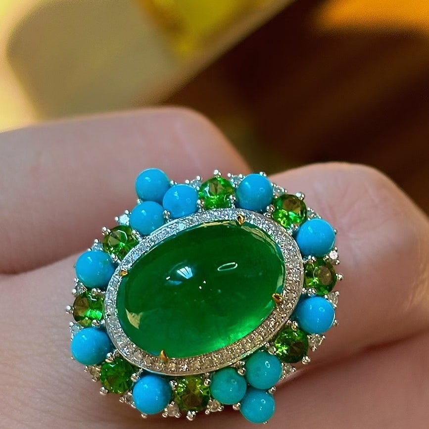 14k Gold 7.5 Ct Vivid Green Natural Emerald & Diamond & Tsavorite & Turquoise Ring - 2