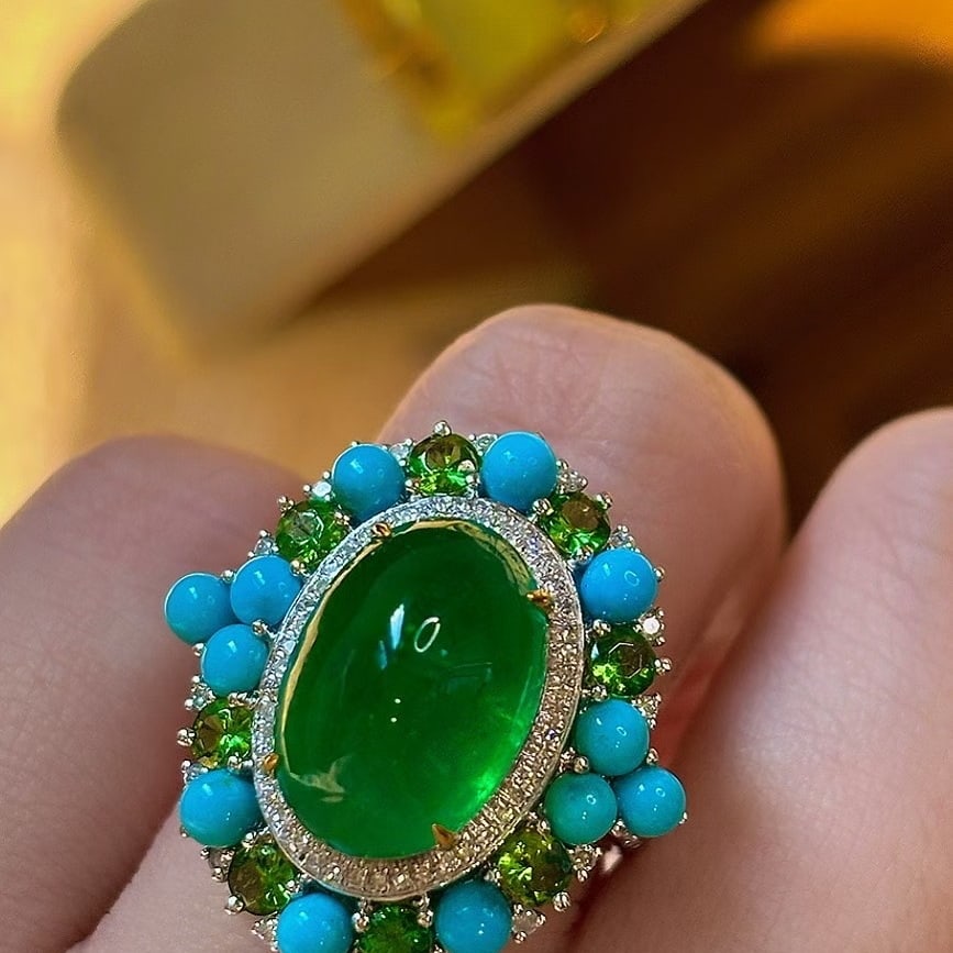 14k Gold 7.5 Ct Vivid Green Natural Emerald & Diamond & Tsavorite & Turquoise Ring - 3
