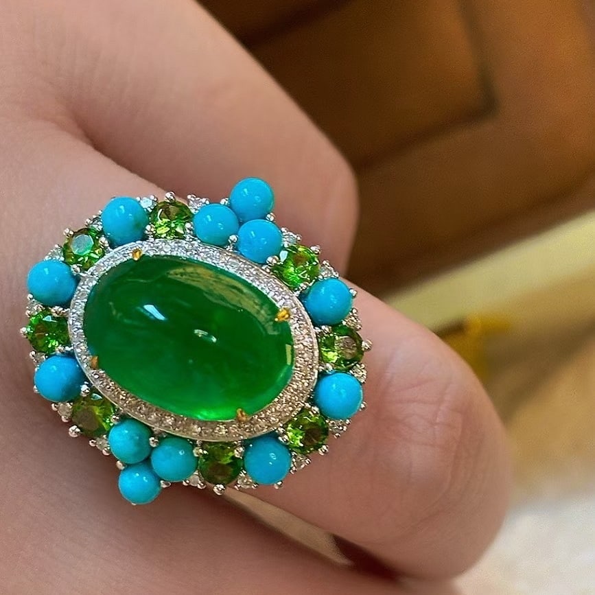 14k Gold 7.5 Ct Vivid Green Natural Emerald & Diamond & Tsavorite & Turquoise Ring - 4
