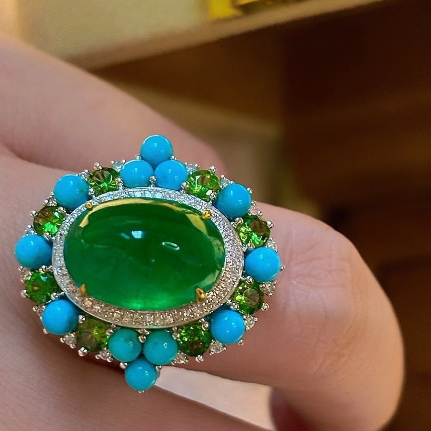 14k Gold 7.5 Ct Vivid Green Natural Emerald & Diamond & Tsavorite & Turquoise Ring - 5