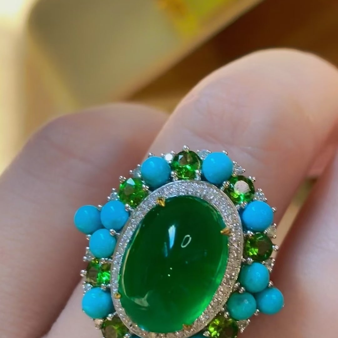 14k Gold 7.5 Ct Vivid Green Natural Emerald & Diamond & Tsavorite & Turquoise Ring - 6