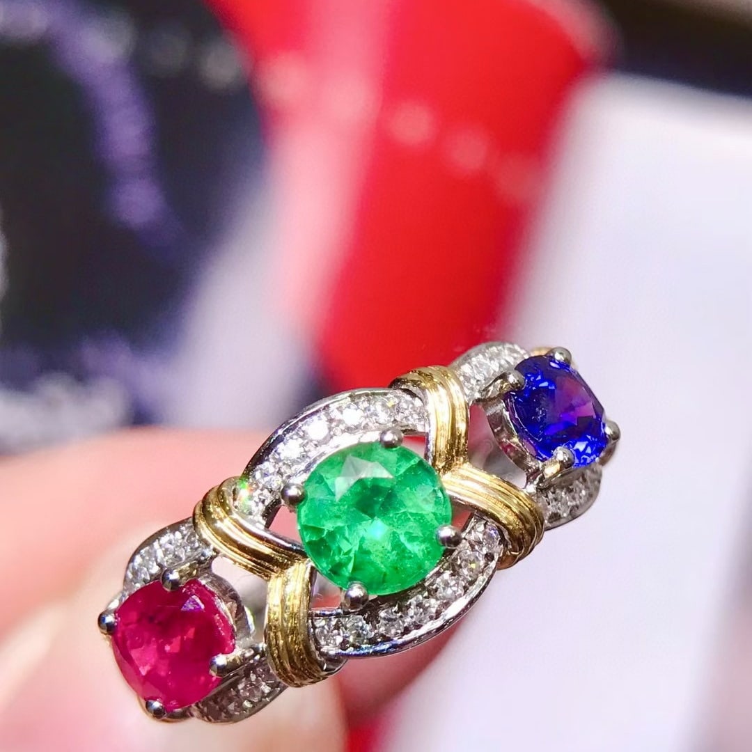14k Gold 1.72 Ctw Natural Ruby & Emerald & Sapphire & Diamond Ring (1 of 5)