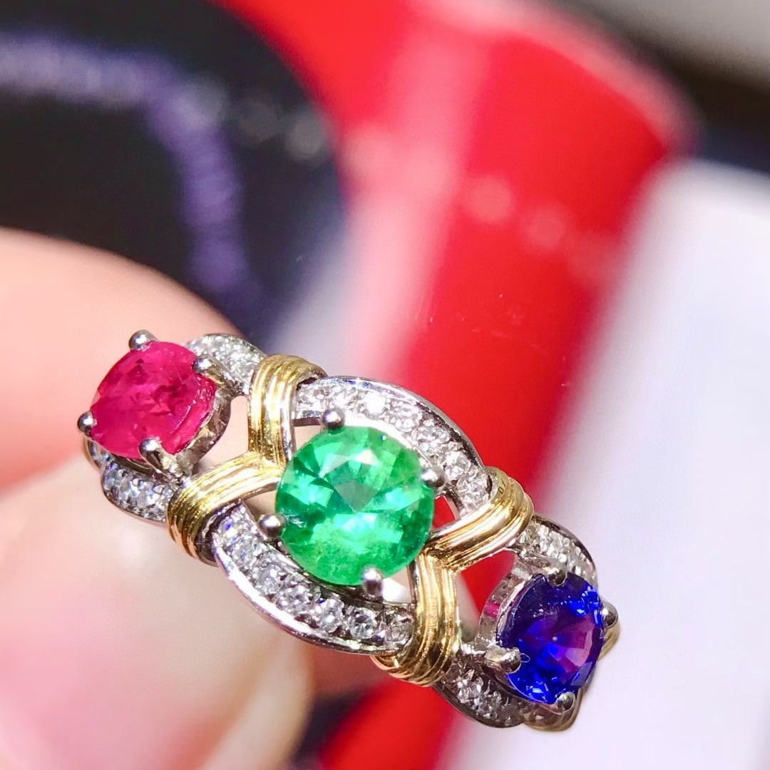 14k Gold 1.72 Ctw Natural Ruby & Emerald & Sapphire & Diamond Ring - 2
