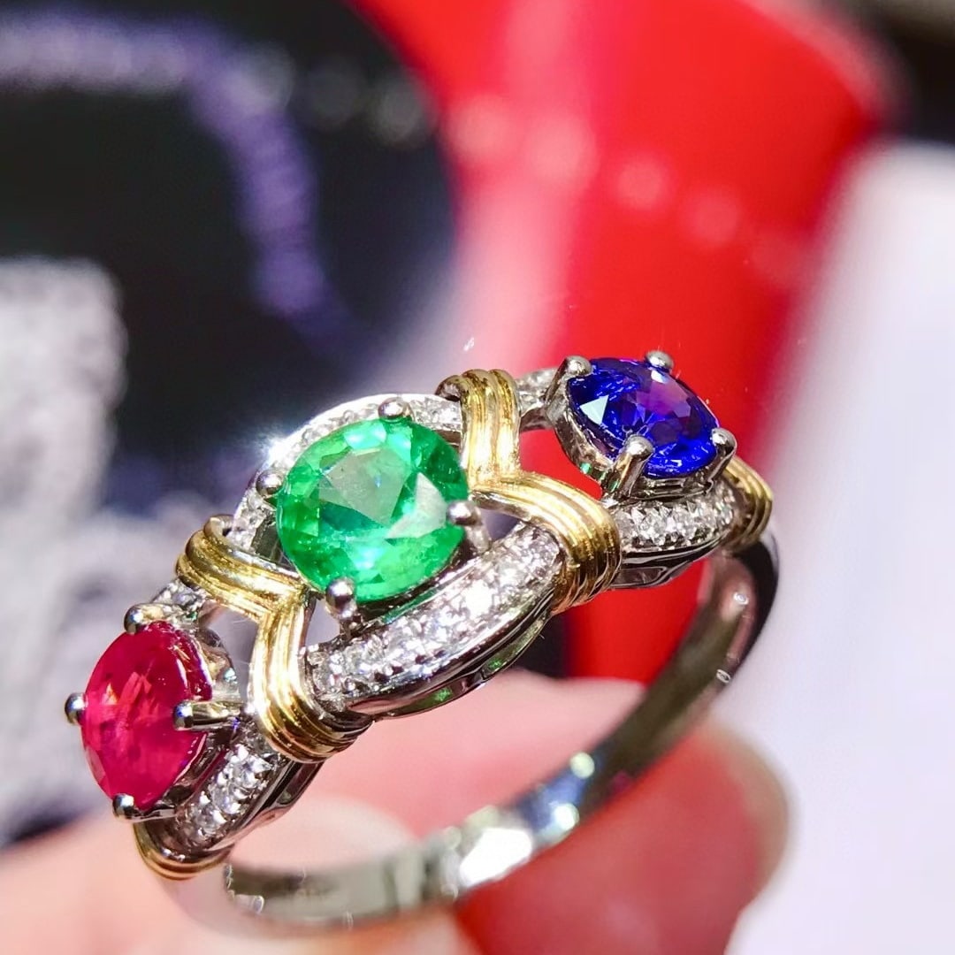 14k Gold 1.72 Ctw Natural Ruby & Emerald & Sapphire & Diamond Ring - 3