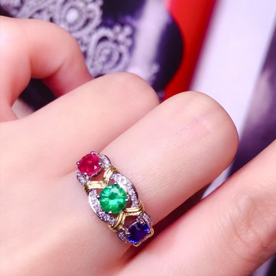 14k Gold 1.72 Ctw Natural Ruby & Emerald & Sapphire & Diamond Ring - 4
