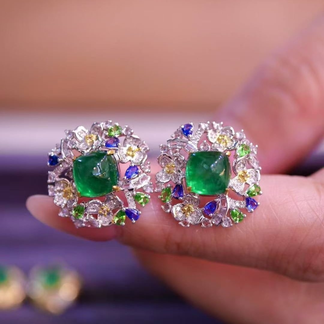 14k Gold 3.3 Ct Vivid Green Natural Emerald & Diamond & Sapphire & Tsavorite Earrings: Ref:231040438 // gold content:14k gold // main gemstone:emerald // shape:suger-loaf // carat weight:3. 3ct // color:vivid green // treatment:natural // // adjacent gemstone 2 : diamond // shape:round
