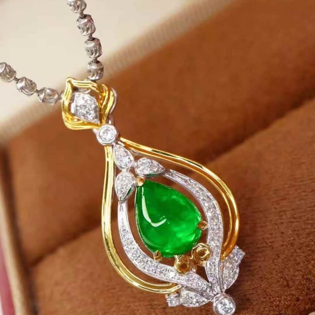 14k Gold 1.10 Ctw Vivid Green Natural Emerald & Diamond Pendant( Without Chain ) - 5