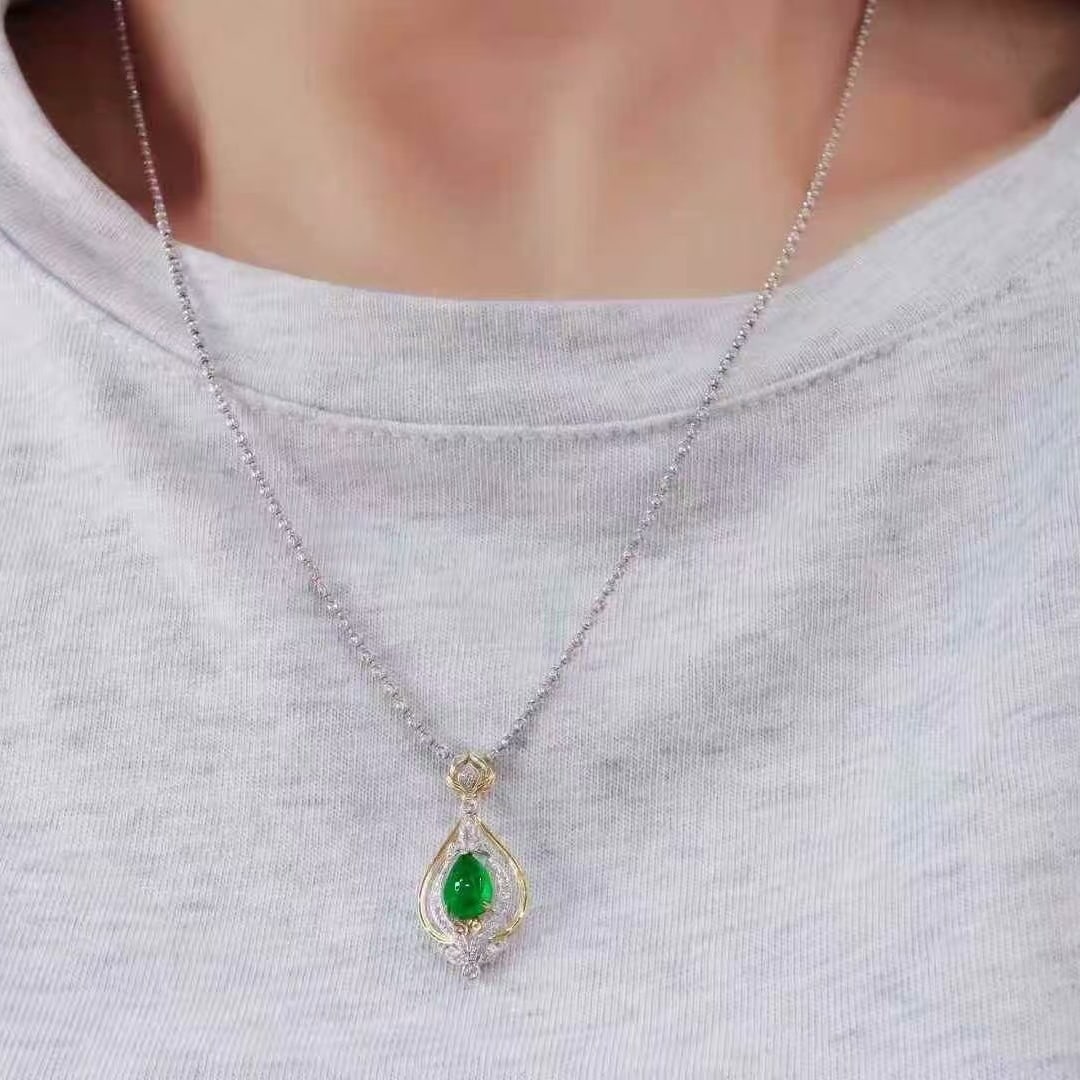 14k Gold 1.10 Ctw Vivid Green Natural Emerald & Diamond Pendant( Without Chain ) - 6