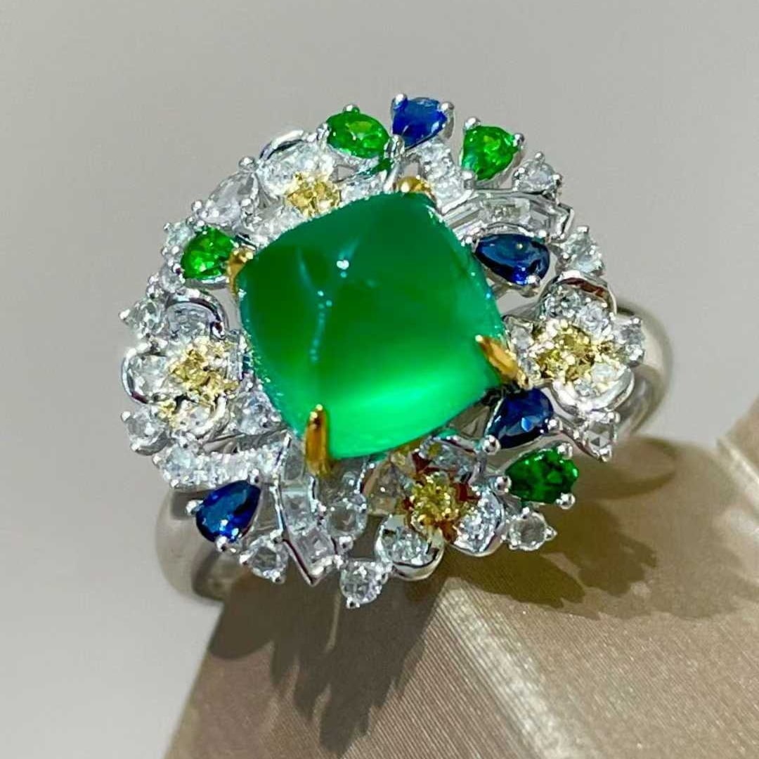 14k Gold 2 Ct Vivid Green Natural Emerald & Diamond & Sapphire & Tsavorite Ring - 2