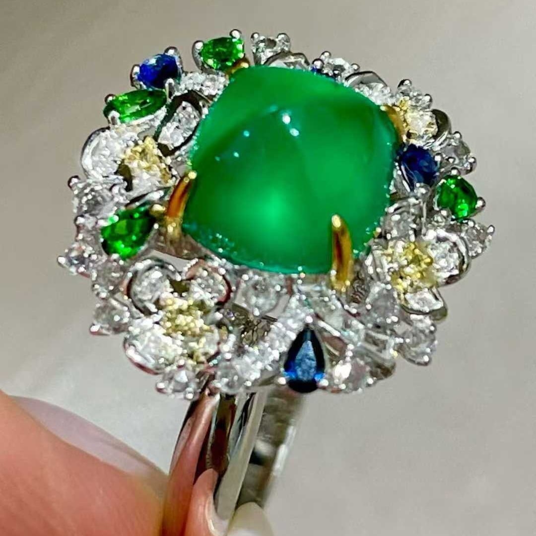 14k Gold 2 Ct Vivid Green Natural Emerald & Diamond & Sapphire & Tsavorite Ring - 4