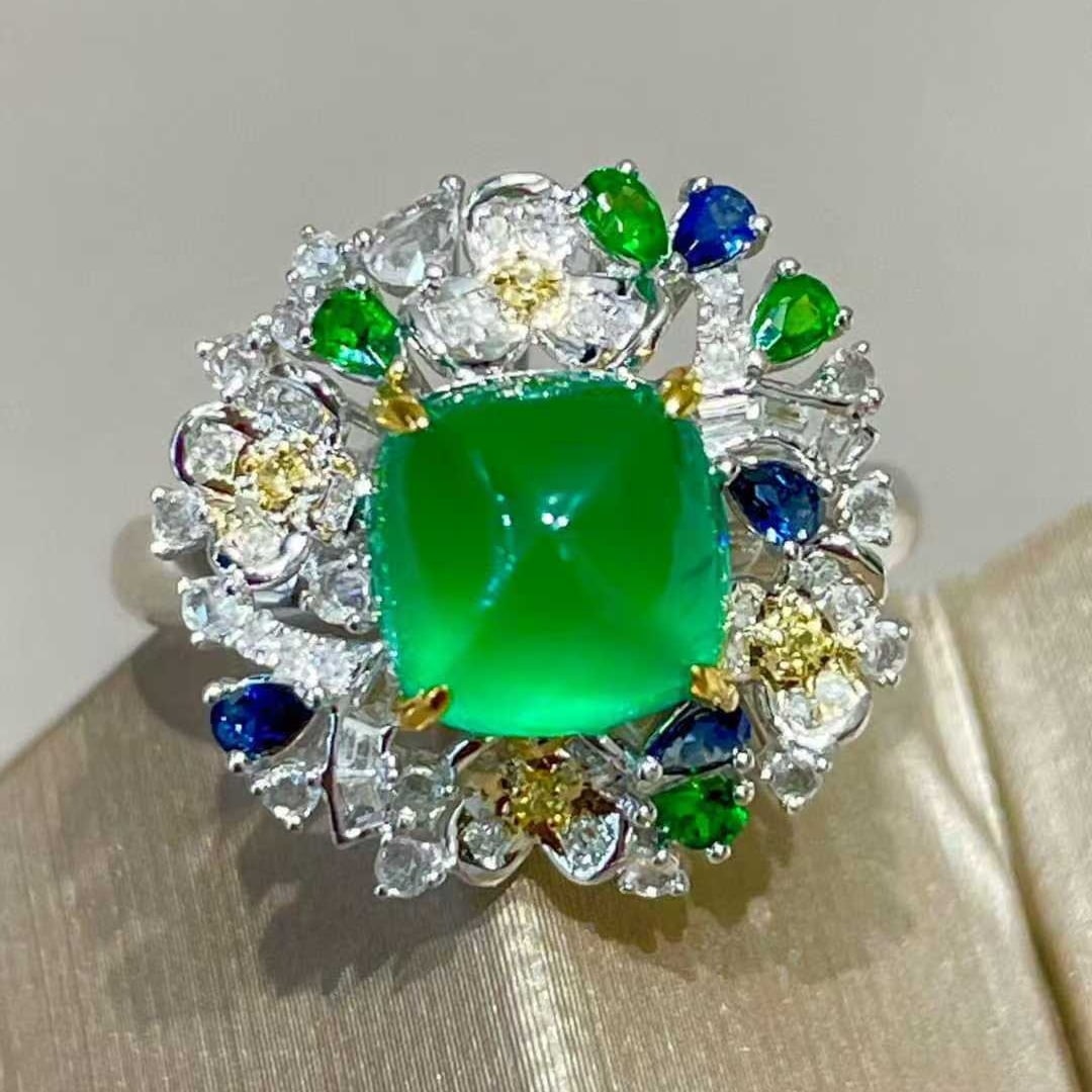 14k Gold 2 Ct Vivid Green Natural Emerald & Diamond & Sapphire & Tsavorite Ring - 6