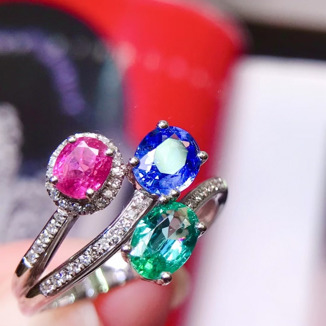 14k Gold 2.0 Ctw Natural Sapphire & Ruby & Emerald & Diamond Ring - 2