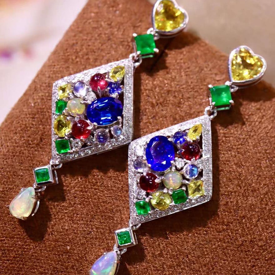 14k Gold 3.71 Ctw Natural Sapphire & Emerald & Ruby & Opal & Moonstone & Diamond Earrings - 3
