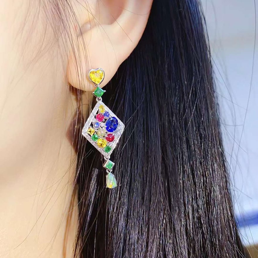 14k Gold 3.71 Ctw Natural Sapphire & Emerald & Ruby & Opal & Moonstone & Diamond Earrings - 5