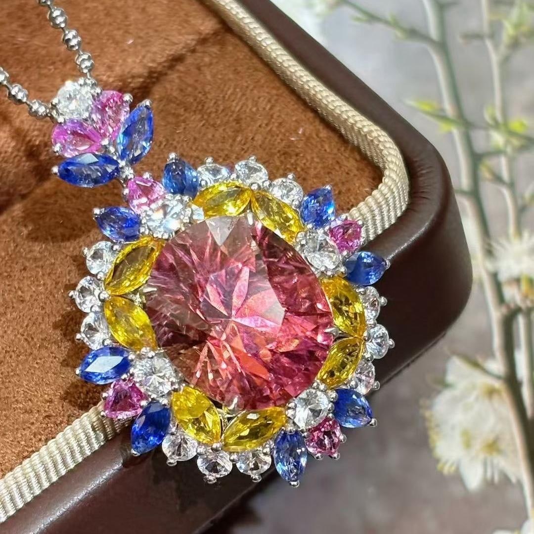 14k Gold 10.88 Ct Natural Tourmaline & Diamond & Sapphire Pendant( Without Chain ) - 2