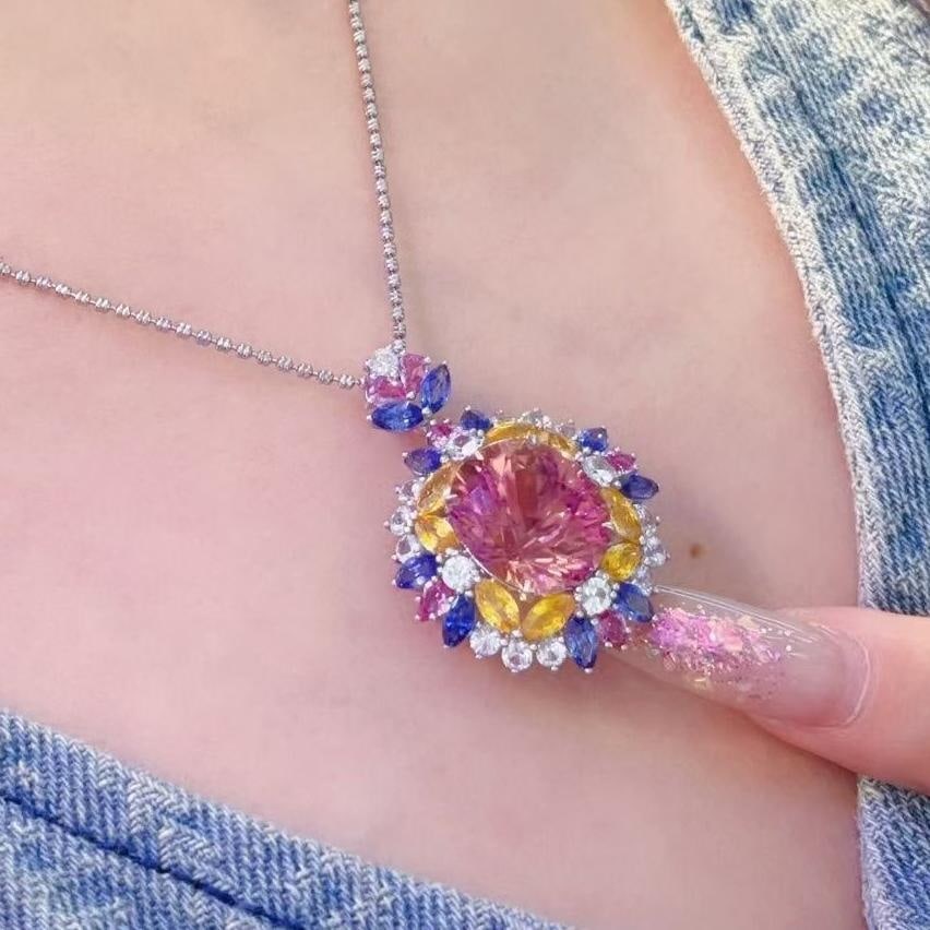 14k Gold 10.88 Ct Natural Tourmaline & Diamond & Sapphire Pendant( Without Chain ) - 3