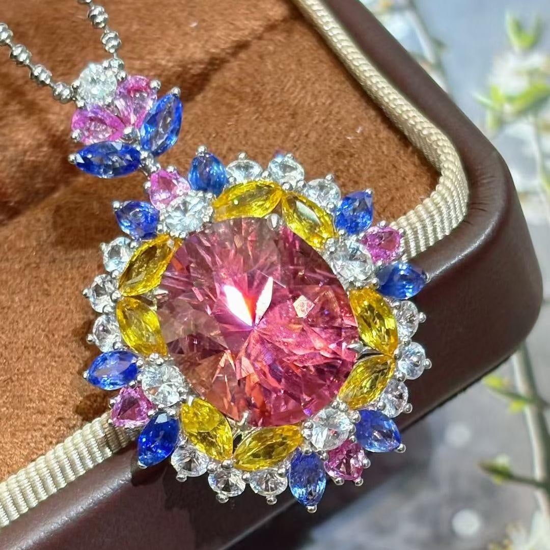 14k Gold 10.88 Ct Natural Tourmaline & Diamond & Sapphire Pendant( Without Chain ) - 4