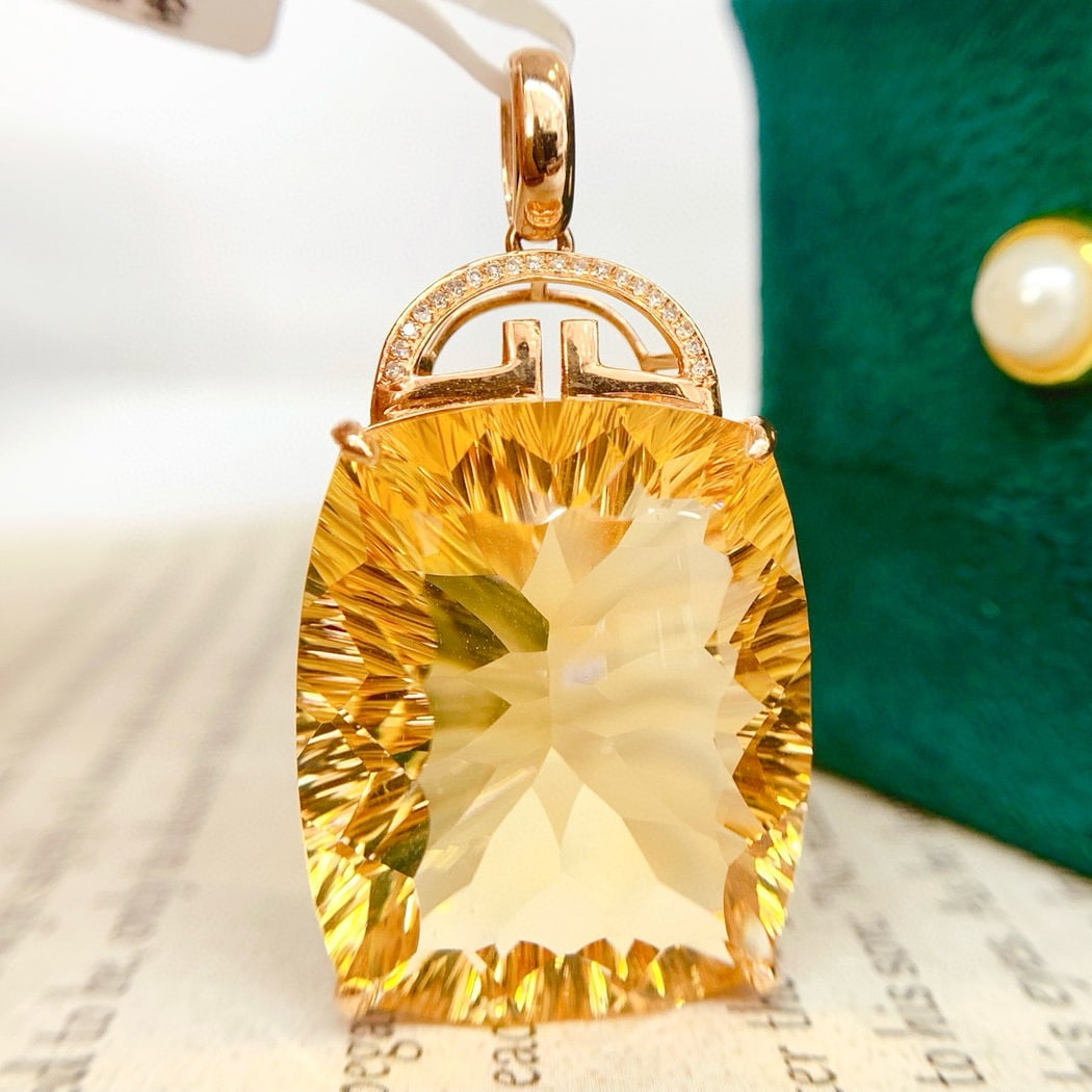 14k Gold 38.8 Ct Natural Citrine & Diamond Pendant( Without Chain ) - 2