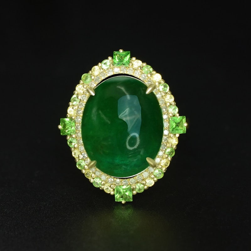 14k Gold 8.88 Ctw Natural Emerald & Diamond Ring: Ref:231043029 // gold content:14k gold // ring size:7. 25us // // main gemstone:emerald // shape:oval // carat weight:8. 73ct // color:green // treatment:natural // // adjacent gemstone 2 : diamond