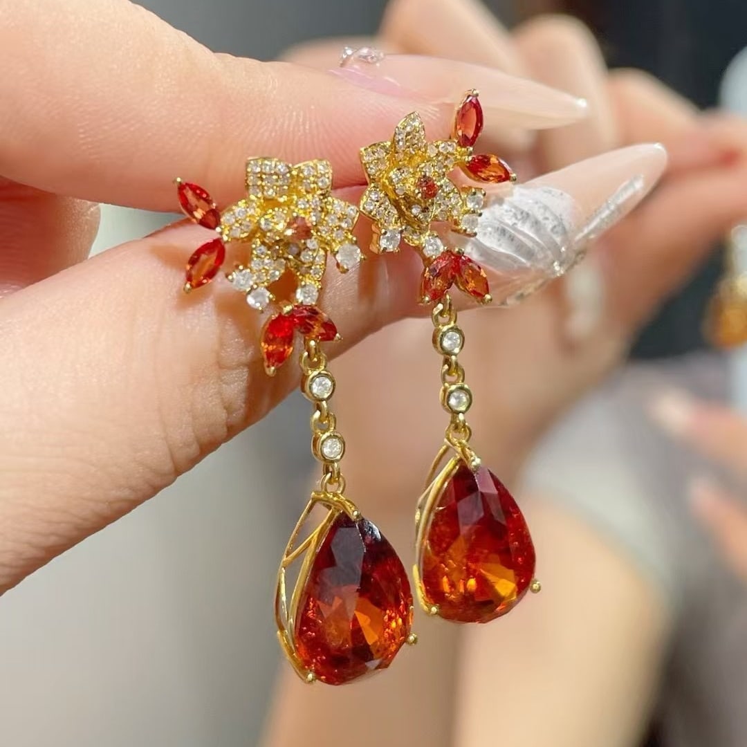 14k Gold 13.9 Ct Natural Spessartine & Diamond Earrings - 2