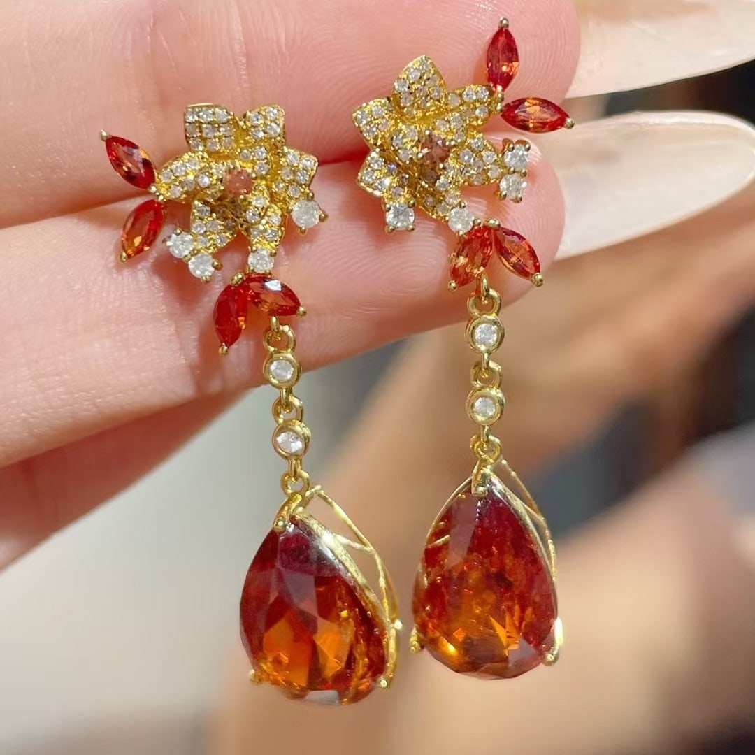 14k Gold 13.9 Ct Natural Spessartine & Diamond Earrings - 3