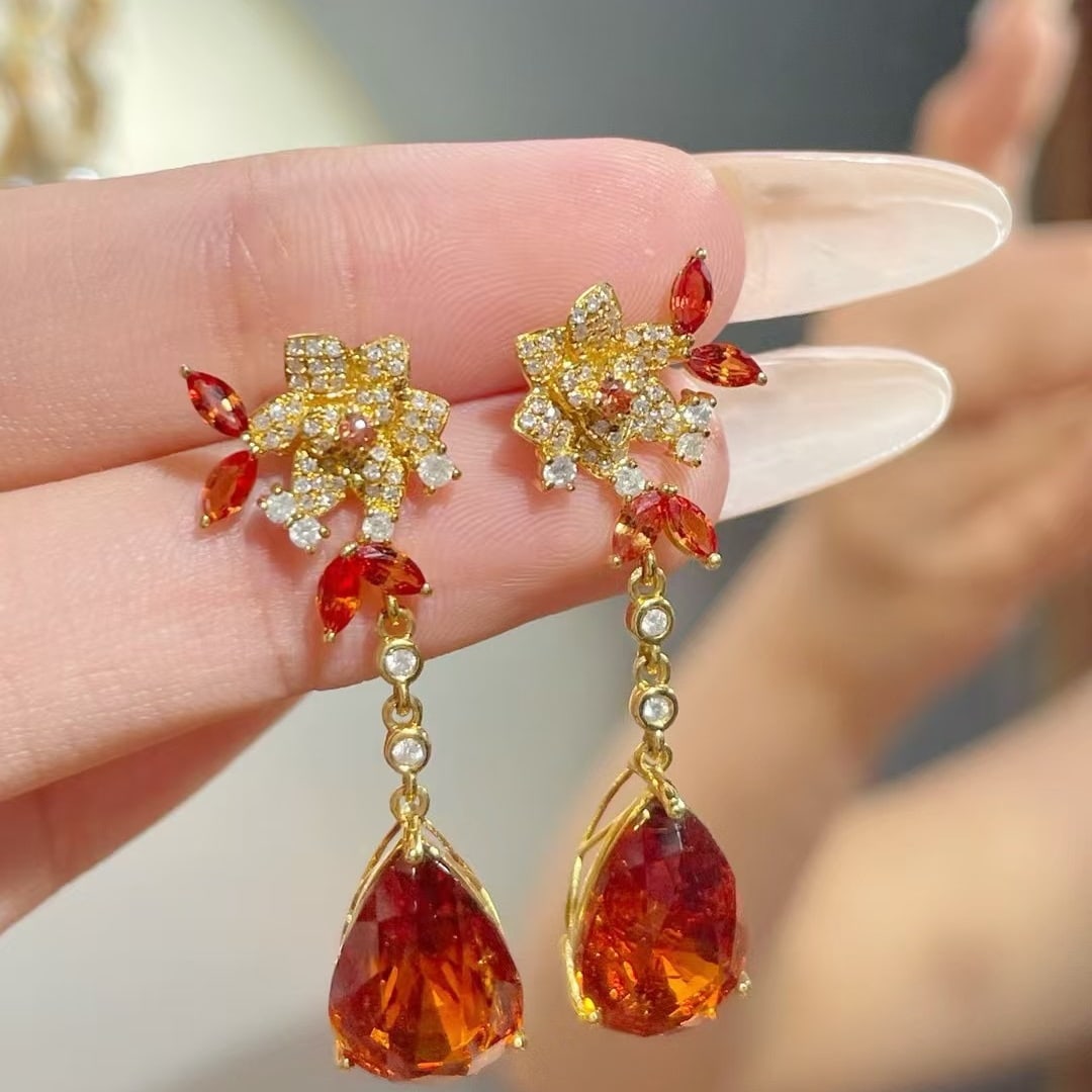 14k Gold 13.9 Ct Natural Spessartine & Diamond Earrings - 4
