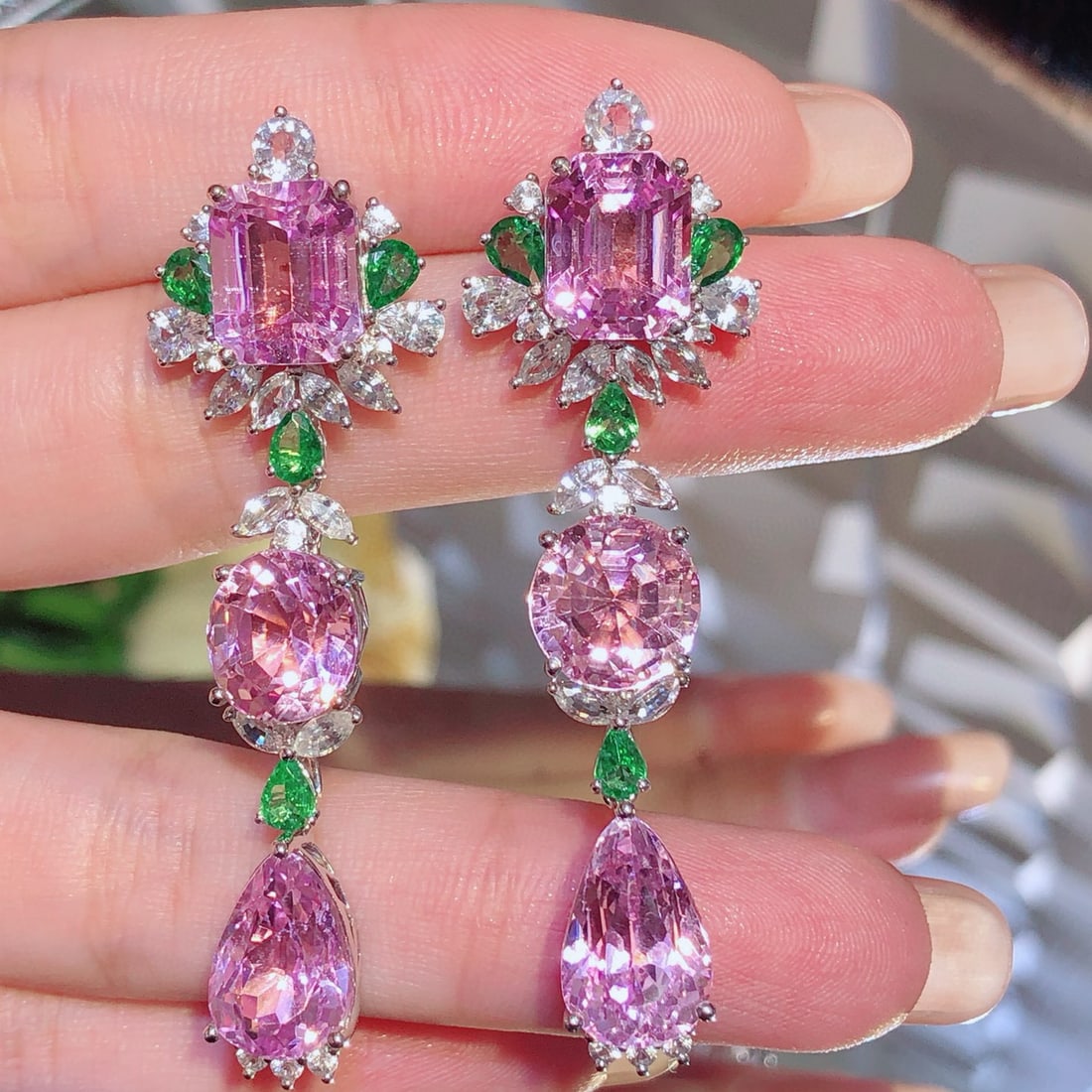14k Gold 35.37 Ctw Natural Kunzite & Sapphire & Tsavorite Earrings - 5