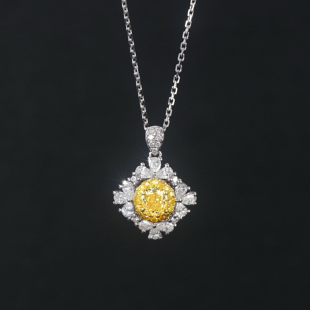 14k Gold 0.97 Ctw Natural Yellow Diamond & Diamond Pendant( Without Chain ): Ref:231043069 // gold content:14k gold // main gemstone:yellow diamond // shape:cushion // carat weight:0. 39ct // color:yellow // treatment:natural // // adjacent gemstone 2 : diamond //