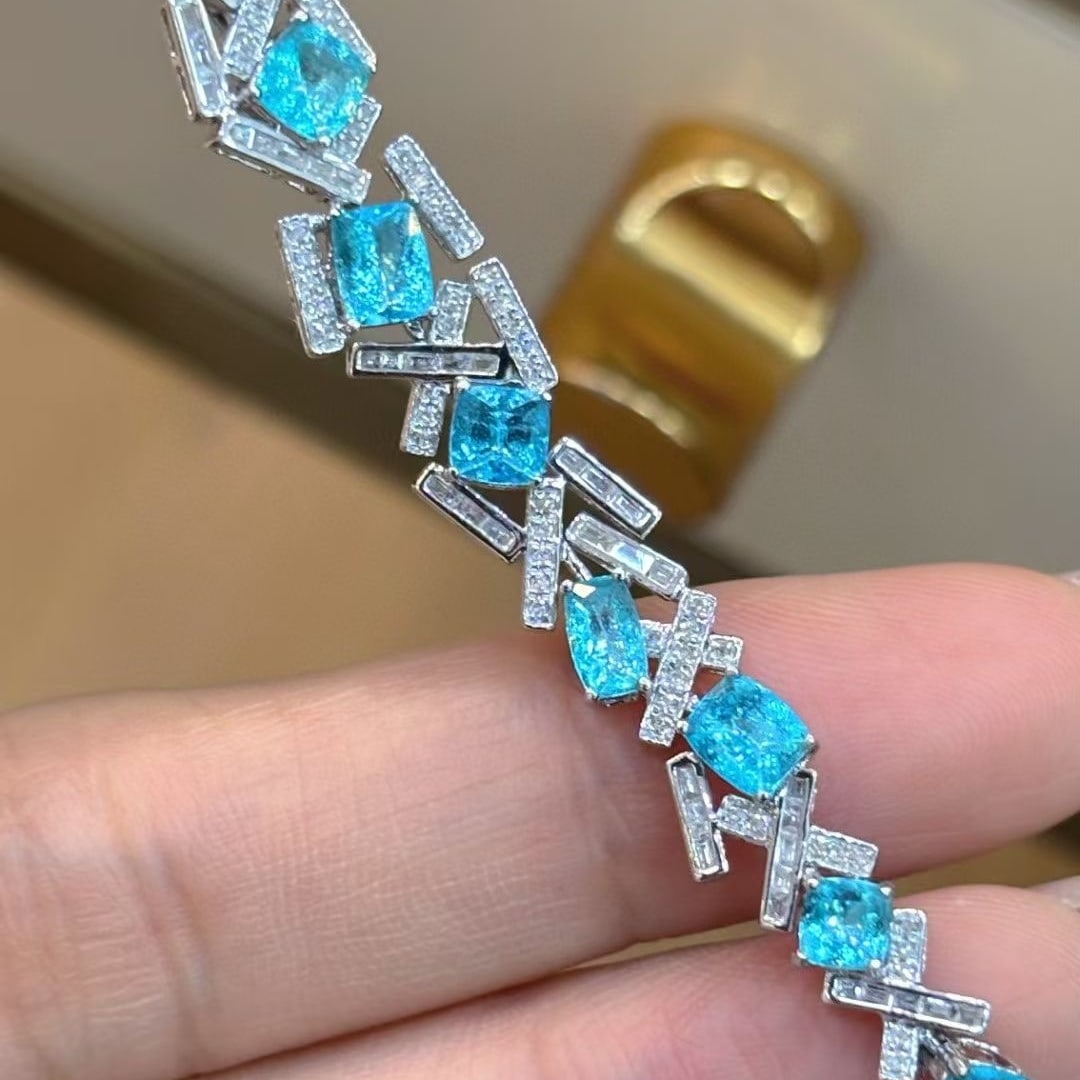 14k Gold 5.03 Ct Natural Paraiba Tourmaline & Diamond Bracelet - 4