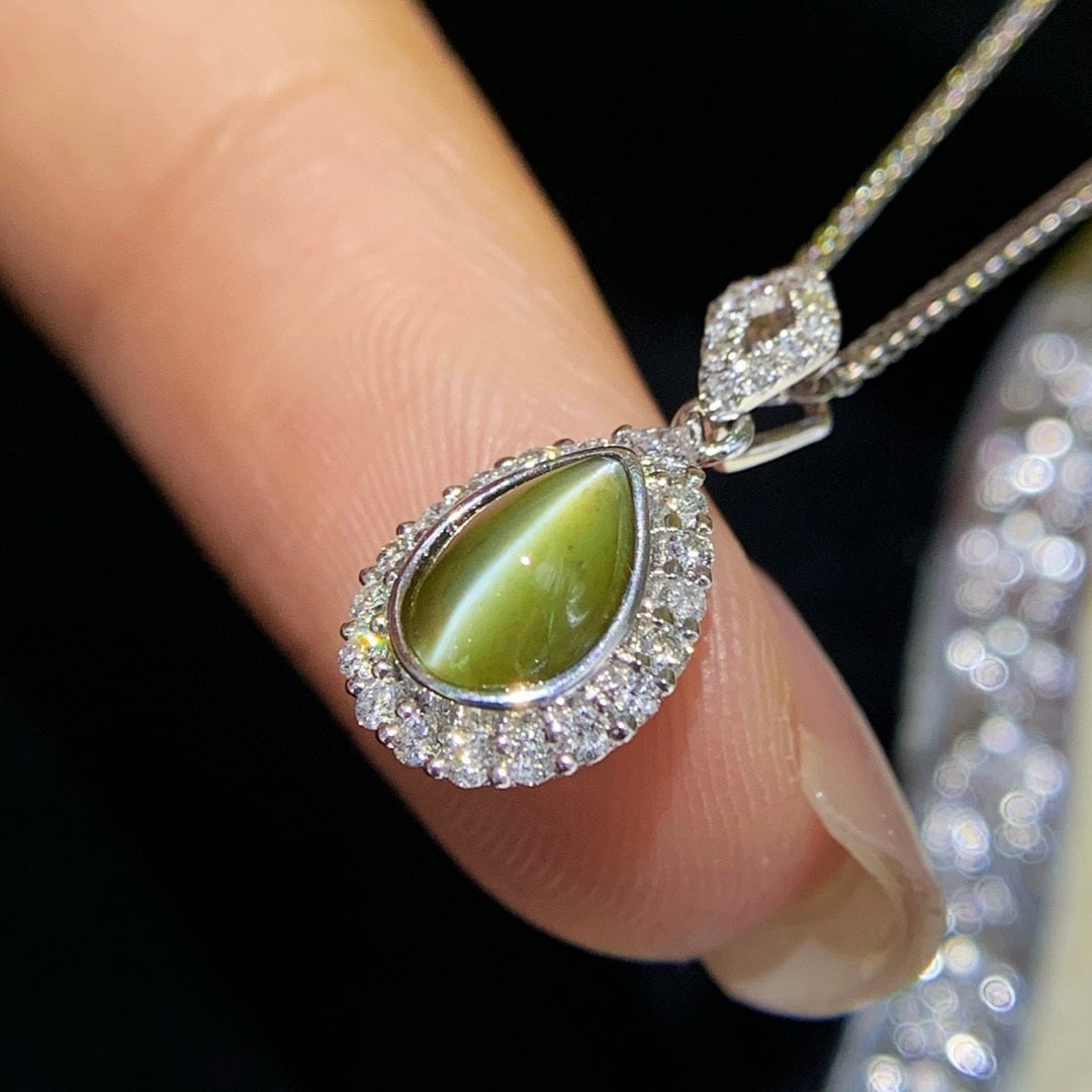 14k Gold 1.57 Ctw Natural Cat's?Eye Chrysoberyl & Diamond Pendant( Without Chain ) - 2