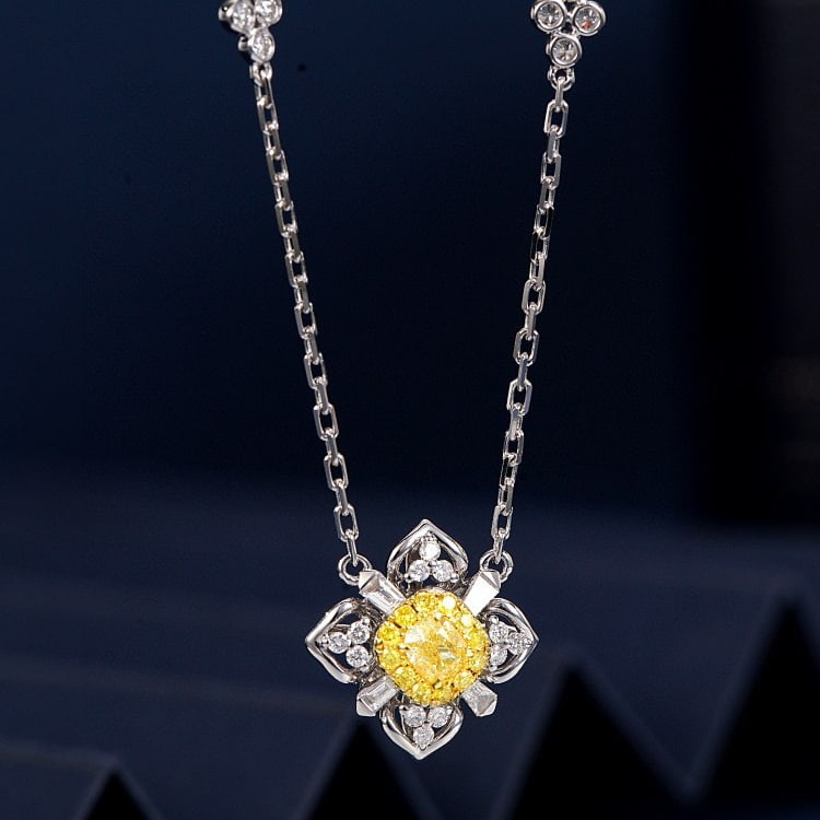 14k Gold 0.49 Ctw Natural Yellow Diamond & Diamond Necklace: Ref:231043112 // gold content:14k gold // main gemstone:yellow diamond // shape:cushion // carat weight:0. 22ct // color:yellow // treatment:natural // // adjacent gemstone 2 : diamond //