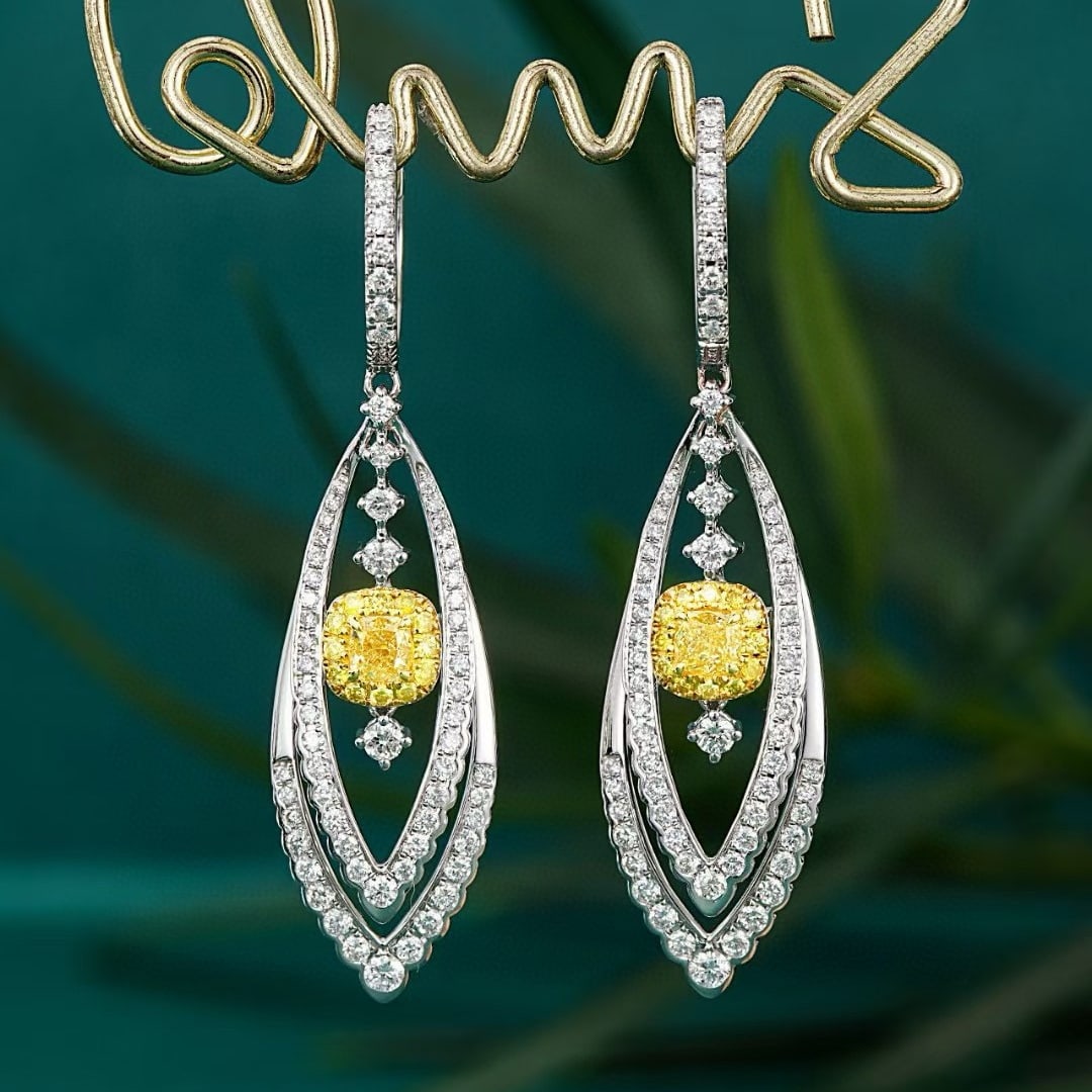 14k Gold 1.41 Ctw Natural Yellow Diamond & Diamond Earrings: Ref:231043114 // gold content:14k gold // main gemstone:yellow diamond // shape:cushion // carat weight:0. 4ct // color:yellow // treatment:natural // // adjacent gemstone 2 : diamond // shape:round /
