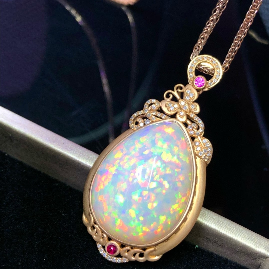 14k Gold 33.20 Ct Natural Opal & Diamond Pendant( Without Chain ) - 2