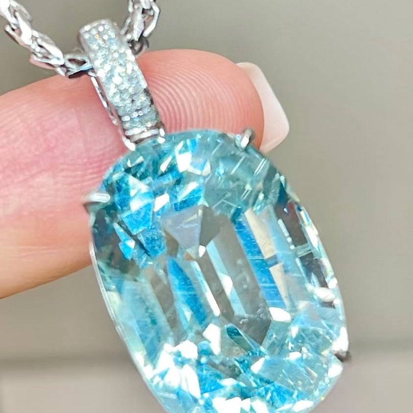 14k Gold 12.1 Ct Natural Aquamarine & Diamond Pendant( Without Chain ) - 5