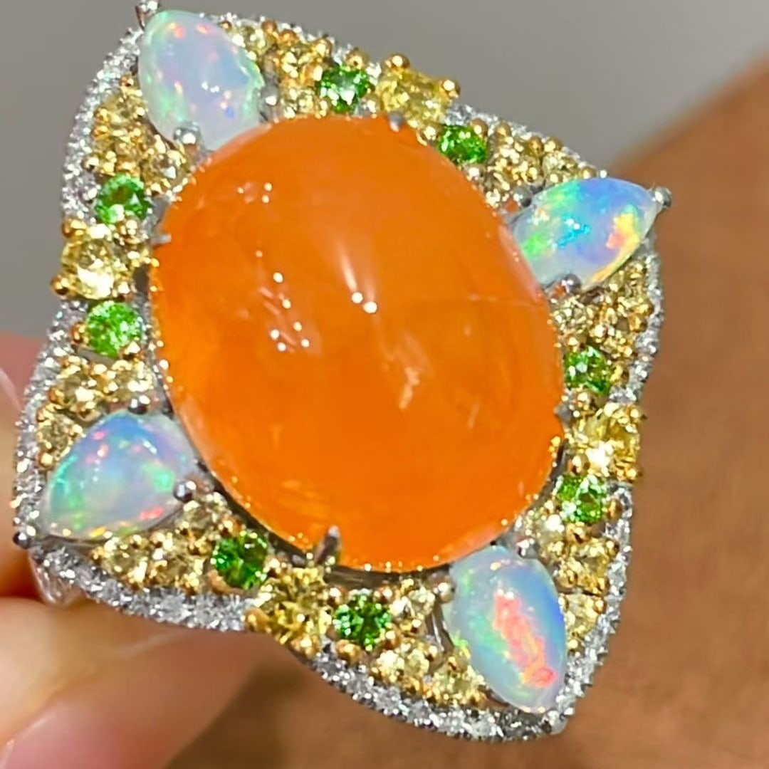 14k Gold 10.65 Ct Natural Spessartine & Diamond & Sapphire & Tsavorite & Opal Ring: Ref:231043127 // gold content:14k gold // ring size:7. 25us // // main gemstone:spessartine // shape:oval // carat weight:10. 65ct // color:orange // treatment:natural // // adjacent gemstone 2 :