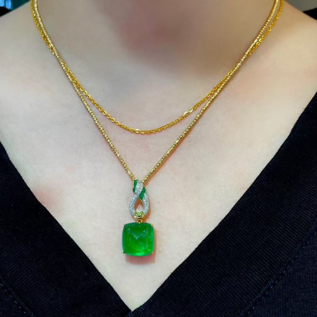 14k Gold 8.78 Ct Natural Emerald & Diamond Pendant( Without Chain ) - 3
