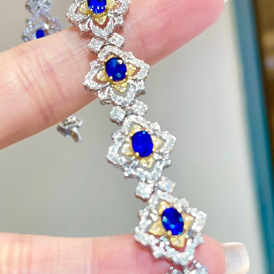 14k Gold 4.35 Ct Natural Sapphire & Diamond Bracelet - 5