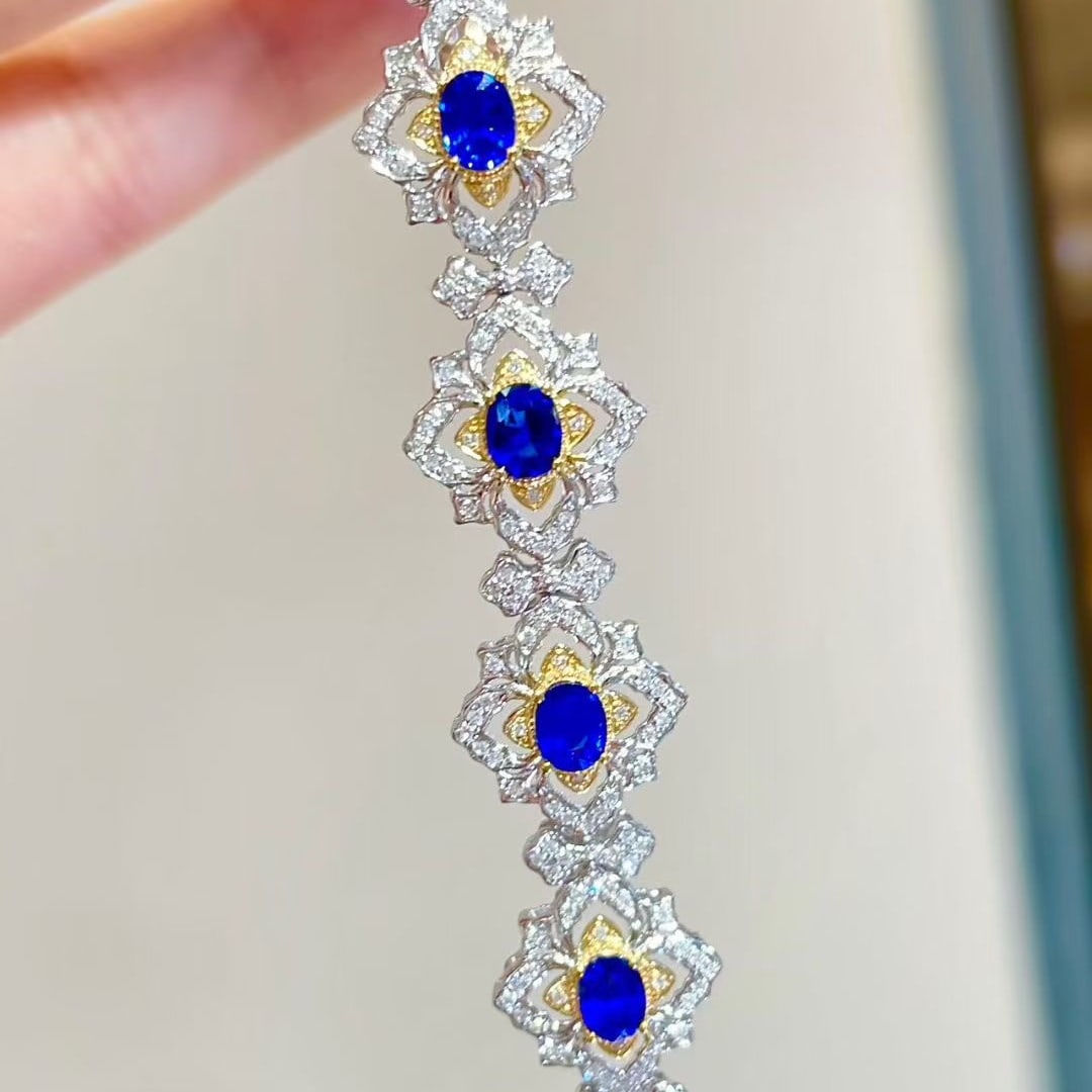 14k Gold 4.35 Ct Natural Sapphire & Diamond Bracelet - 6