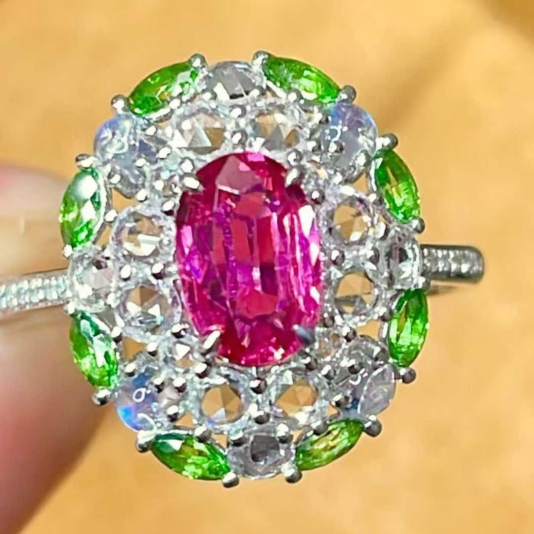 14k Gold 1 Ct Natural Ruby & Diamond & Sapphire & Tsavorite & Moonstone Ring: Ref:231043139 // gold content:14k gold // ring size:7. 25us // // main gemstone:ruby // shape:oval // carat weight:1ct // color:red // treatment:natural // // adjacent gemstone 2 : diamond //