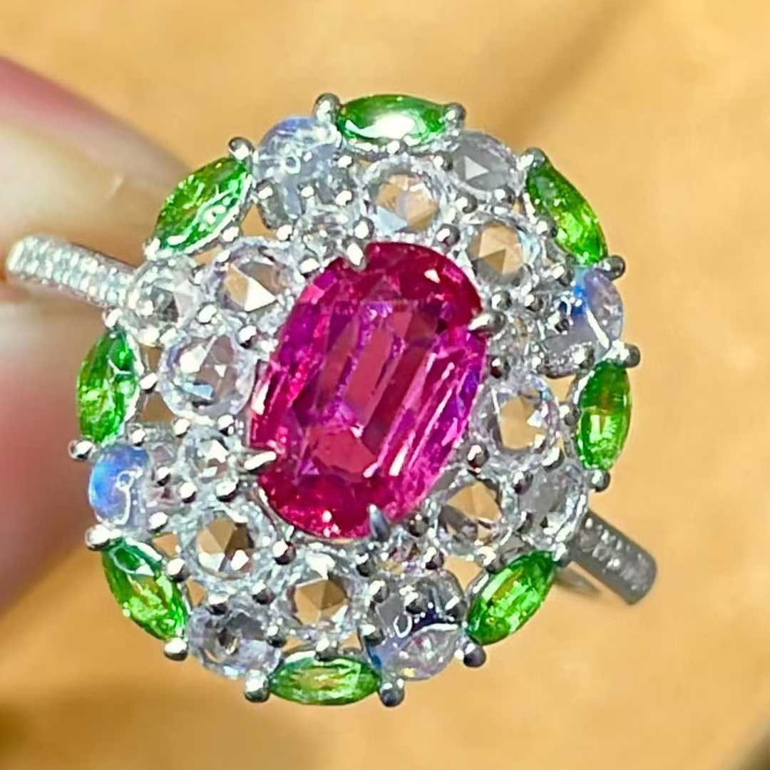 14k Gold 1 Ct Natural Ruby & Diamond & Sapphire & Tsavorite & Moonstone Ring - 2