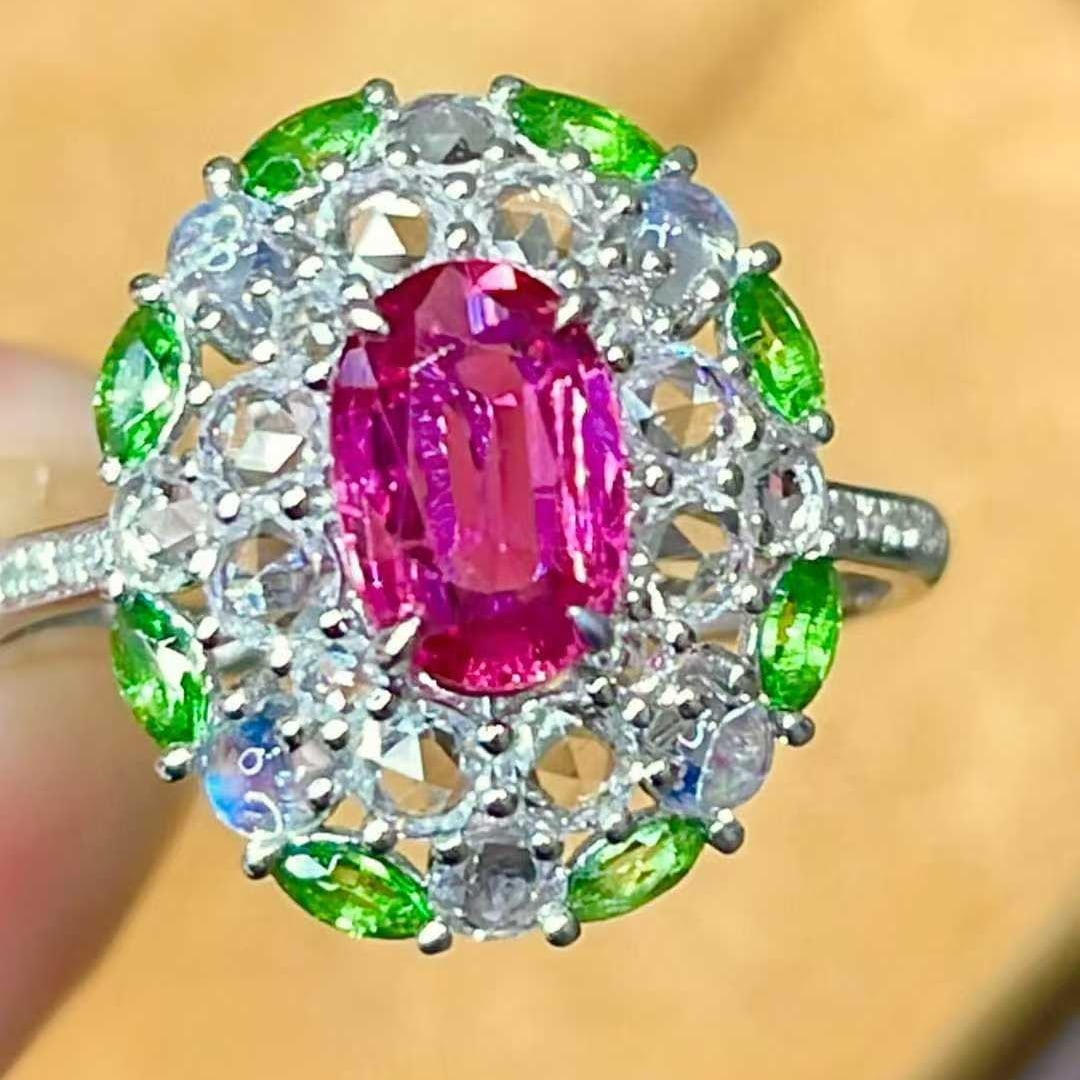 14k Gold 1 Ct Natural Ruby & Diamond & Sapphire & Tsavorite & Moonstone Ring - 3