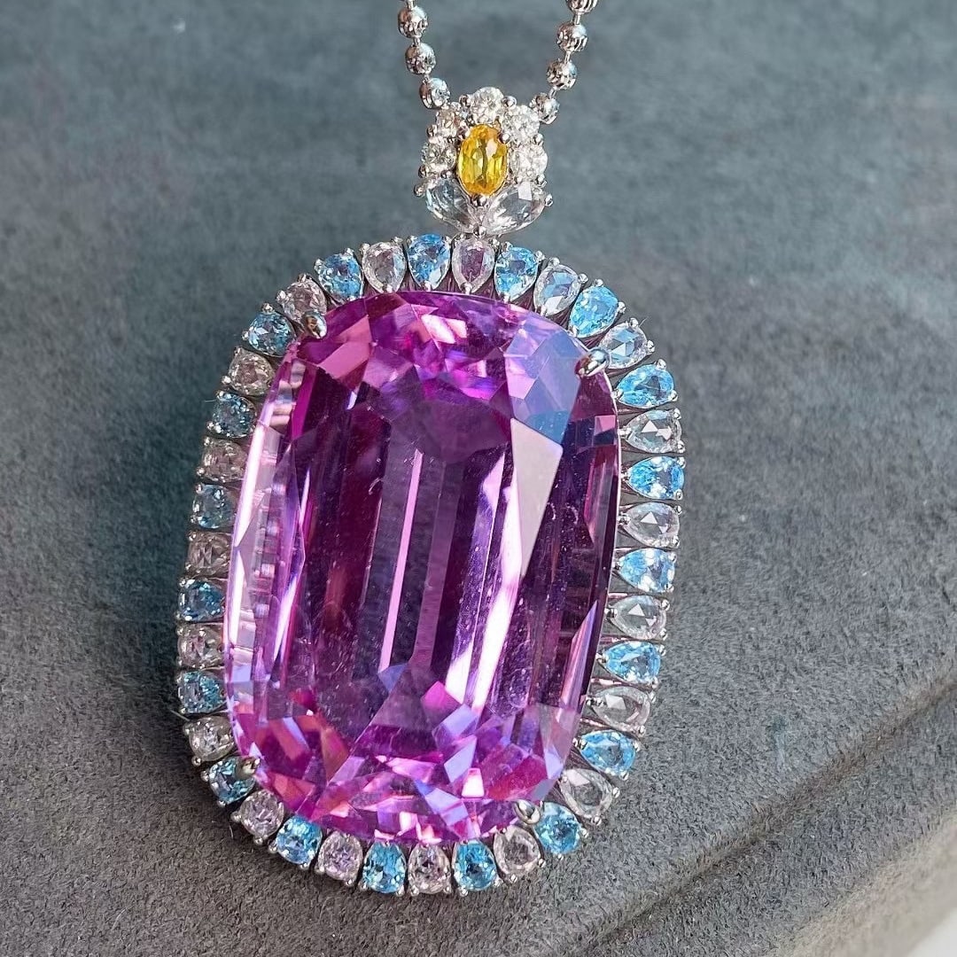 14k Gold 50.05 Ctw Natural Kunzite & Sapphire Pendant( Without Chain ) - 7
